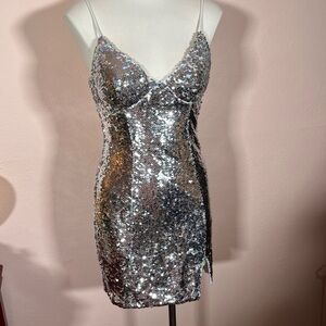 Princess Polly Silver sequins Glitter Body con  Mini Slip Dress